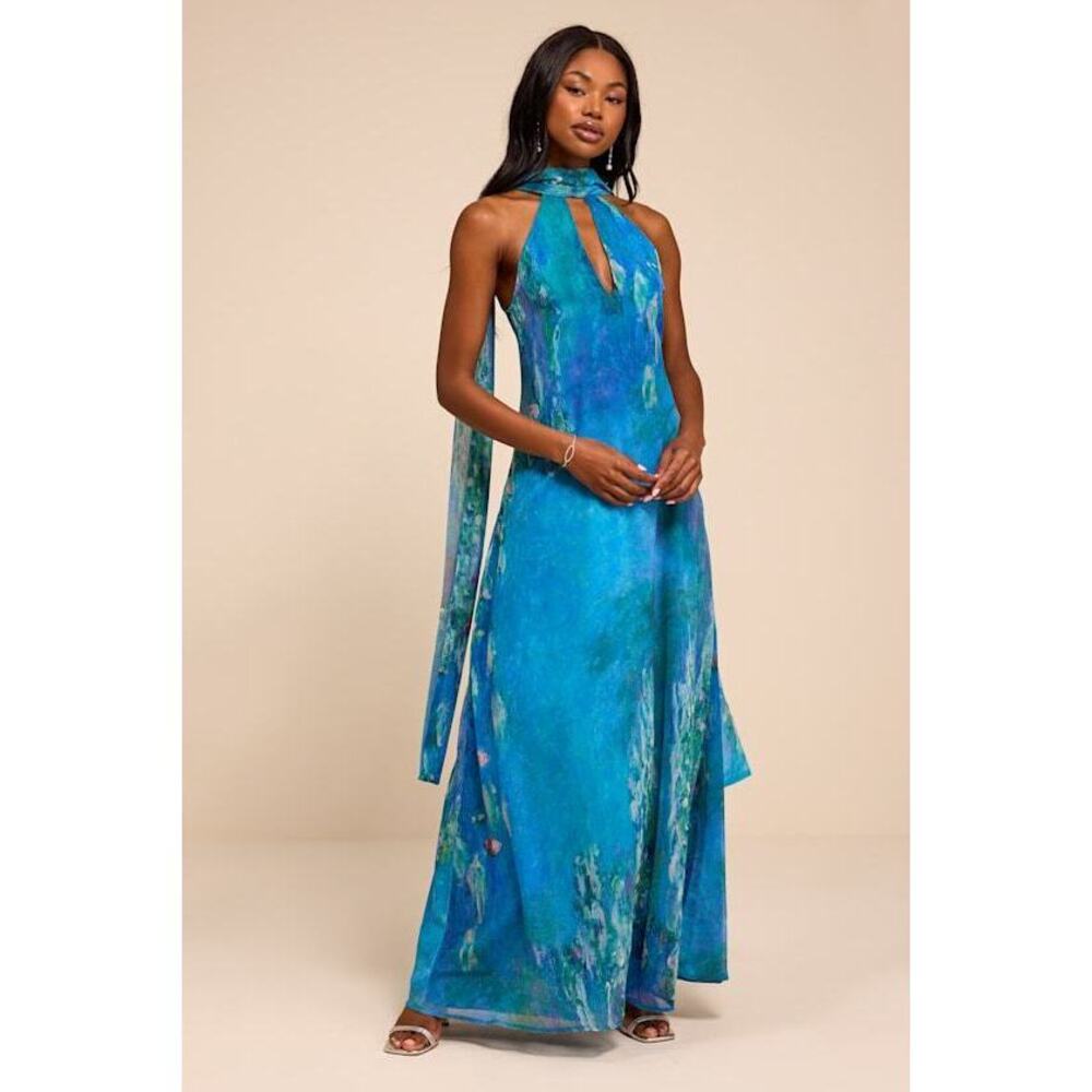 Lulus Calixta Blue Abstract Chiffon Sash Shift Maxi Dress - Size M